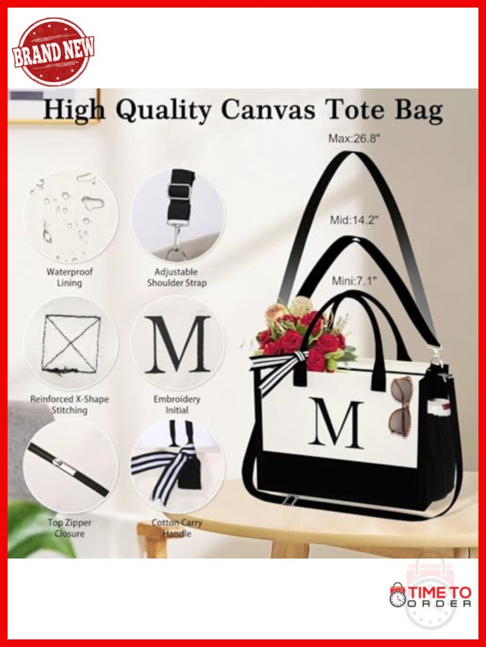 Canvas Tote Bag with Embroidered Initial & 2 Makeup Bags, Large Capacity, - Picture 4 of 6